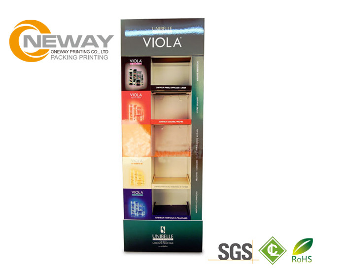 Purple Vanishing Cardboard Display Stands 4C Offest Printing For Promotion Shampoo